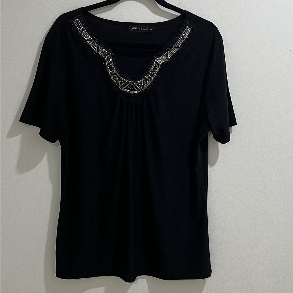 Women’s Beaded Top Large Black Silver Cotton Blend Short Sleeve Gathered Stretch